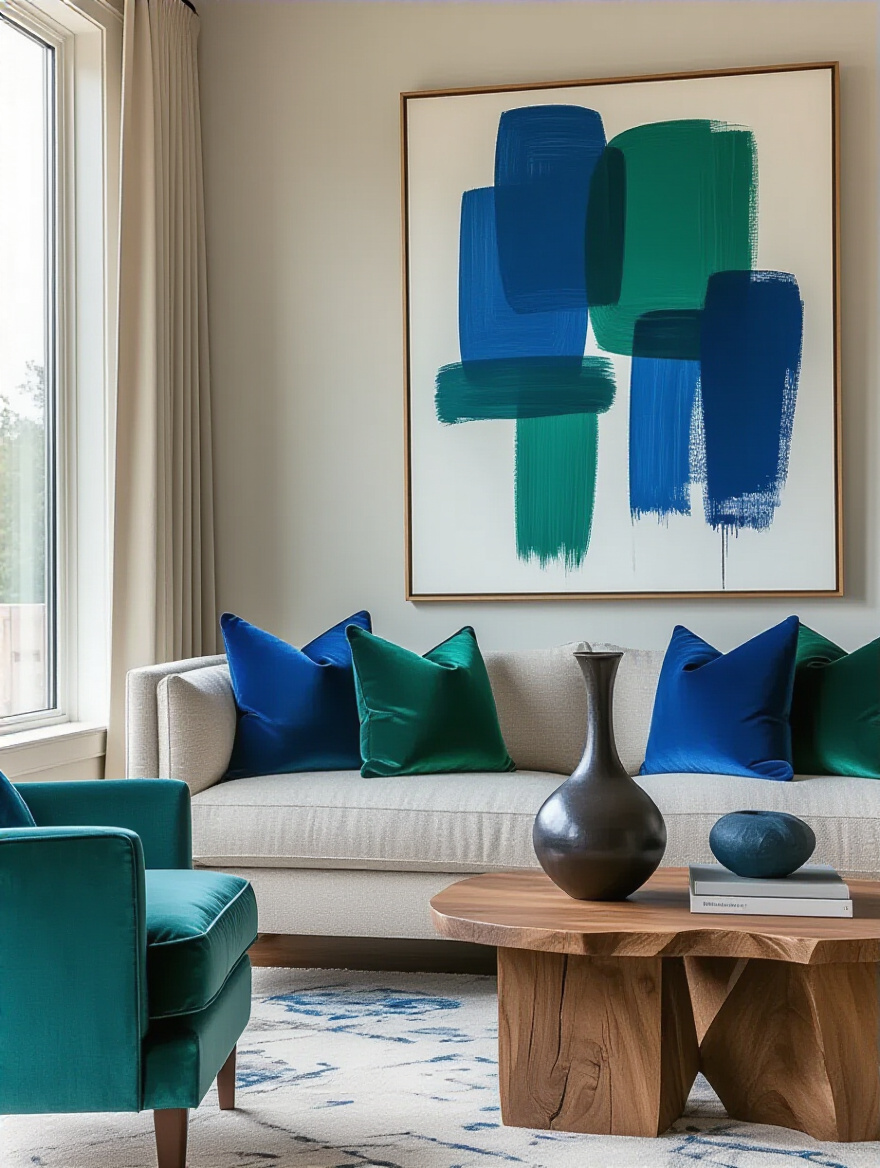 Living room with neutral sofa featuring vibrant sapphire blue and emerald green throw pillows, abstract statement painting, and sculptural vase as pop accents