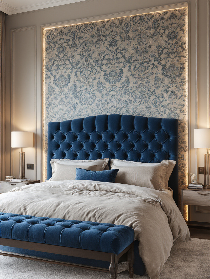 Luxurious bedroom wall with rich textured fabric panels and elegant wallpaper
