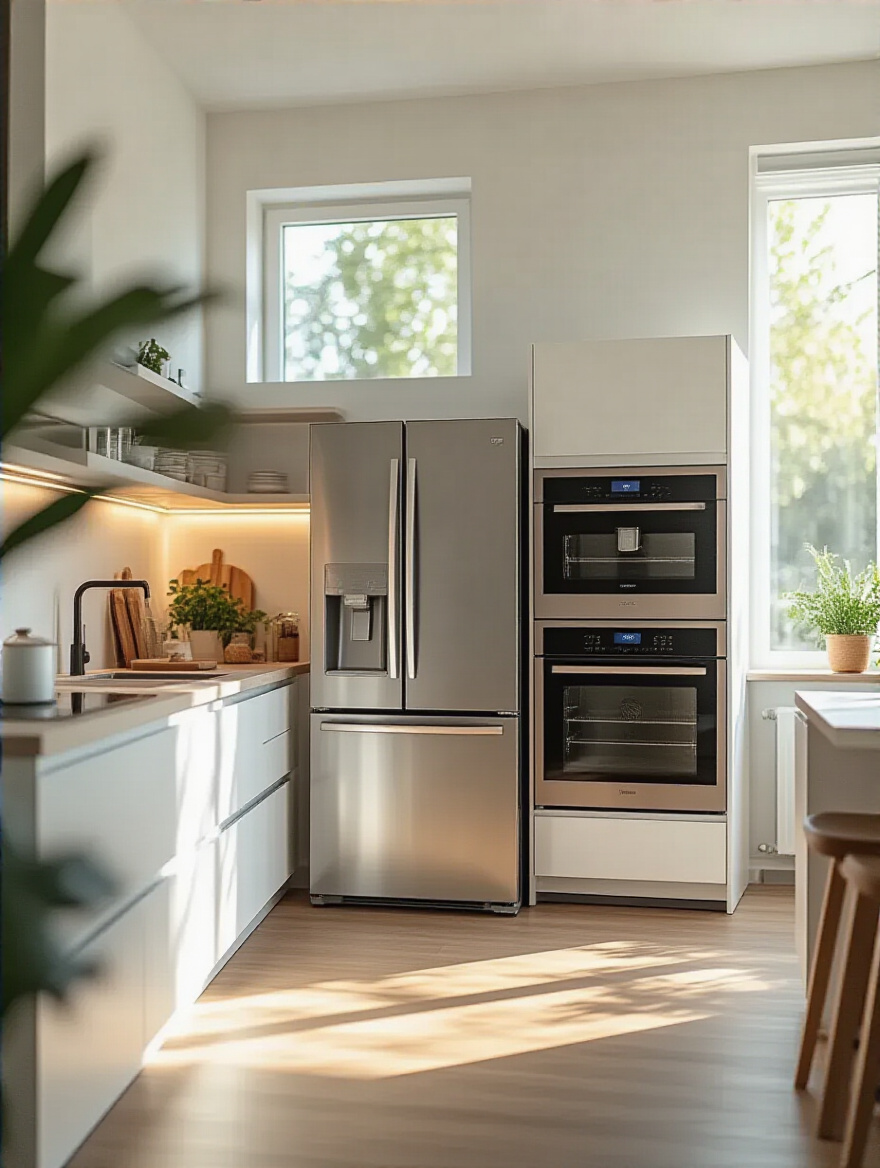 Modern kitchen featuring energy-efficient appliances including a refrigerator, oven, and dishwasher.