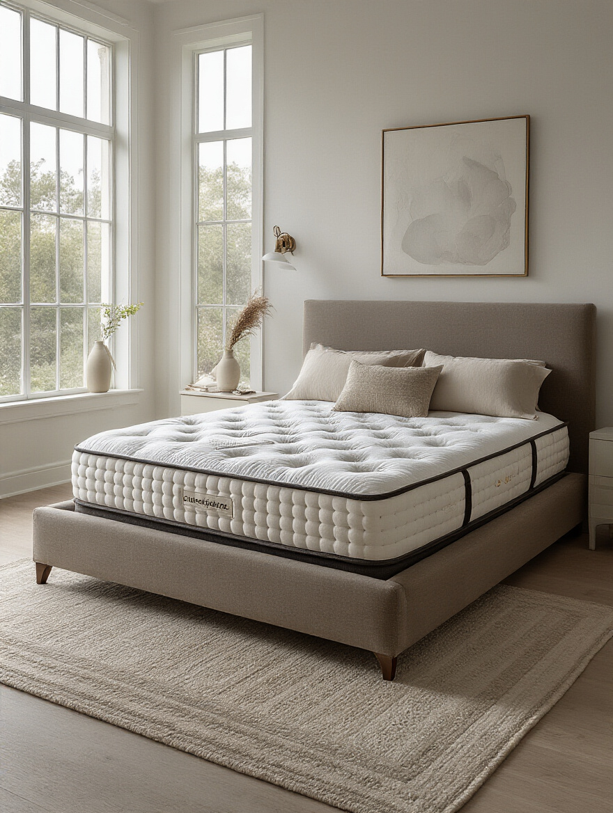 Modern bedroom featuring a luxurious mattress and elegant bed frame under soft natural light, no people