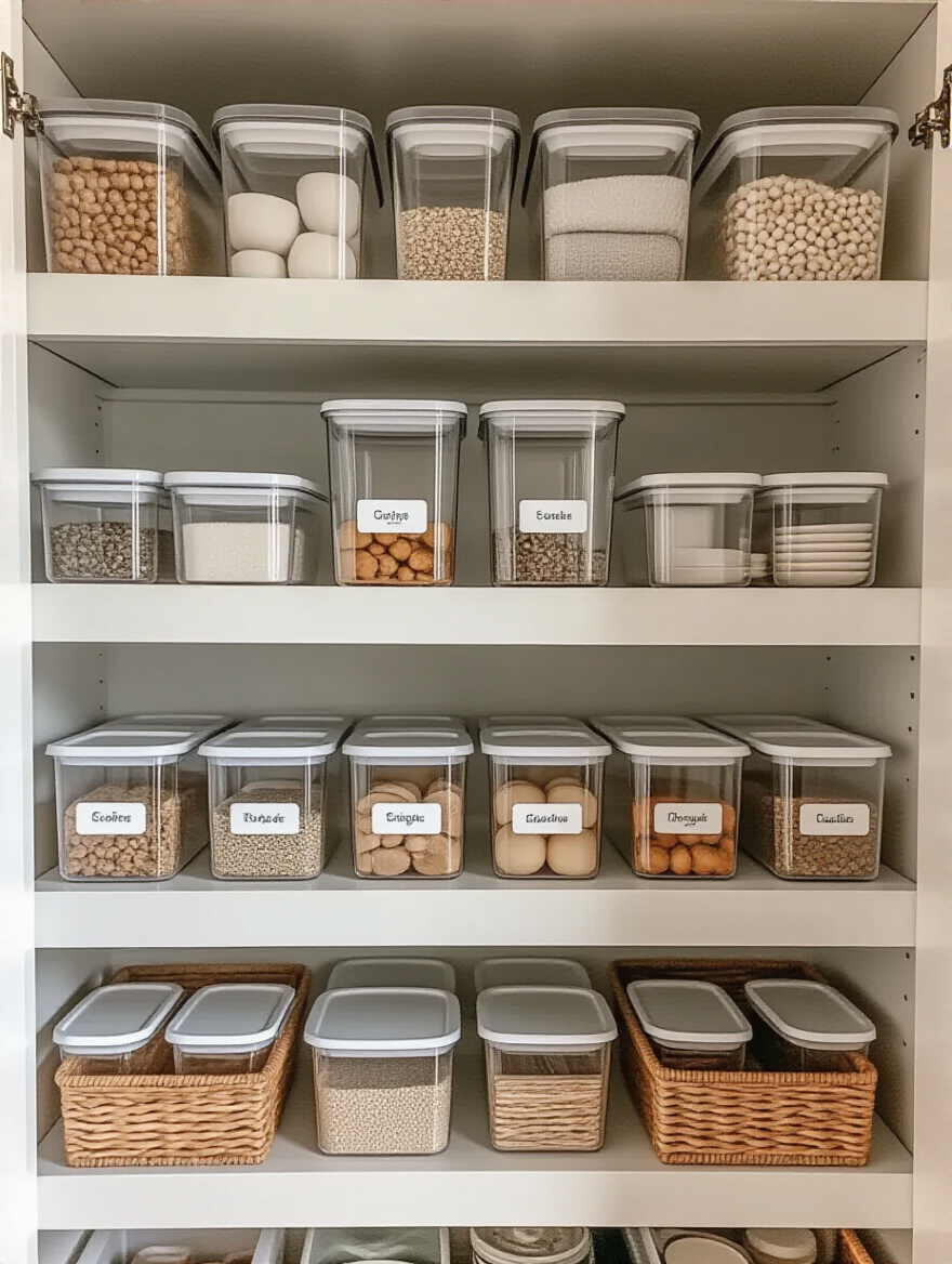 Organized kitchen pantry with clearly labeled storage containers for easy identification and return