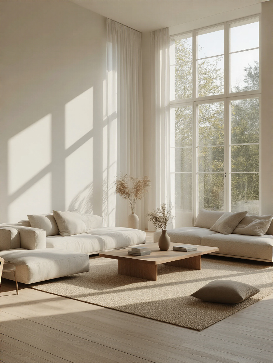 Minimalist living room with ample empty space enhancing calmness