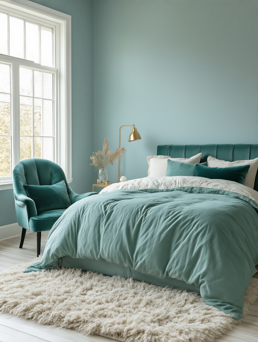 Serene bedroom painted with soft dusty blue, seafoam green bedding, and teal velvet chair showcasing an analogous color palette for a cohesive and calming atmosphere