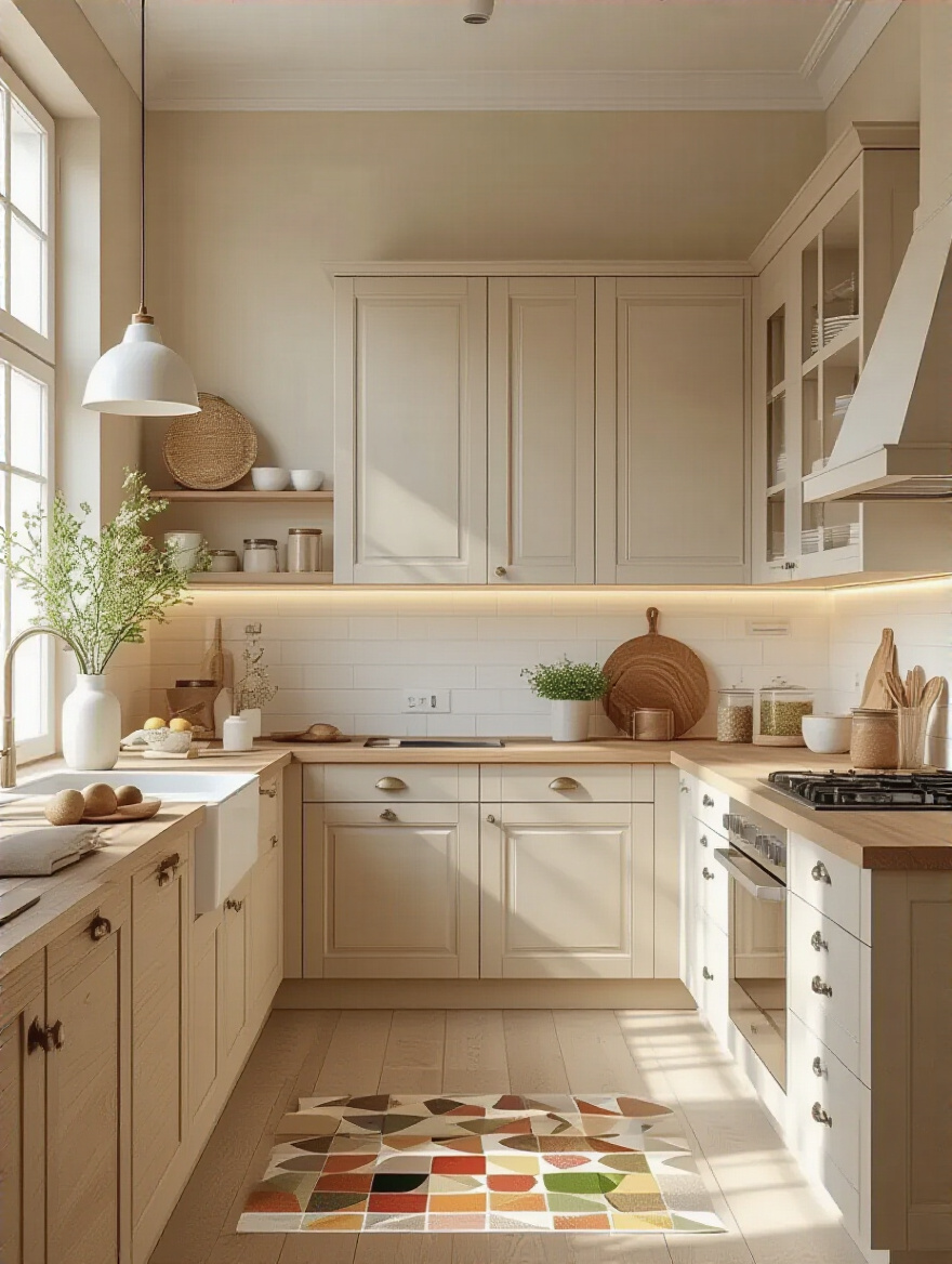 A kitchen featuring a harmonious color palette inspired by color theory with neutral walls and light wood cabinetry.