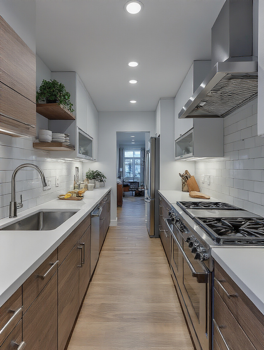 Modern kitchen layout demonstrating the kitchen triangle principle with refrigerator, sink, and cooking range.