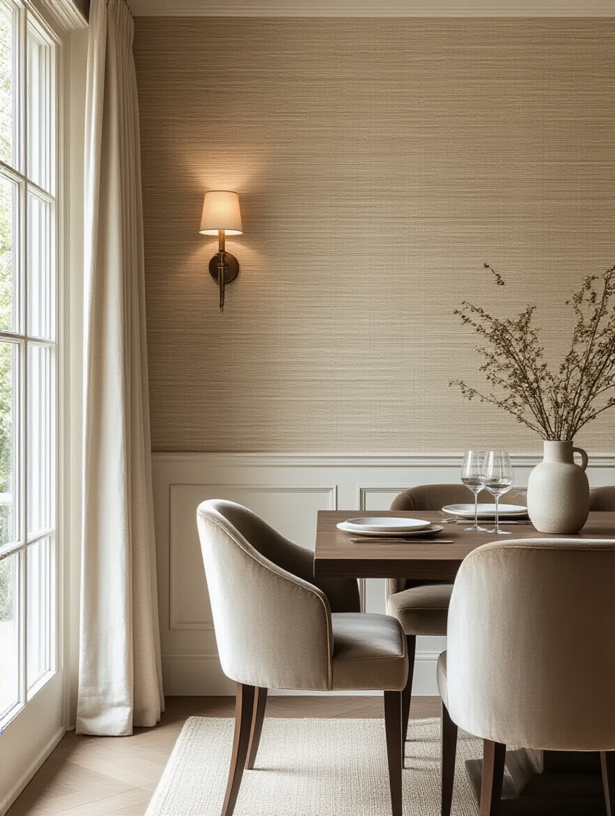 Elegant dining room with natural woven textured wallpaper feature wall, velvet chairs, and warm ambient lighting showcasing sophisticated depth