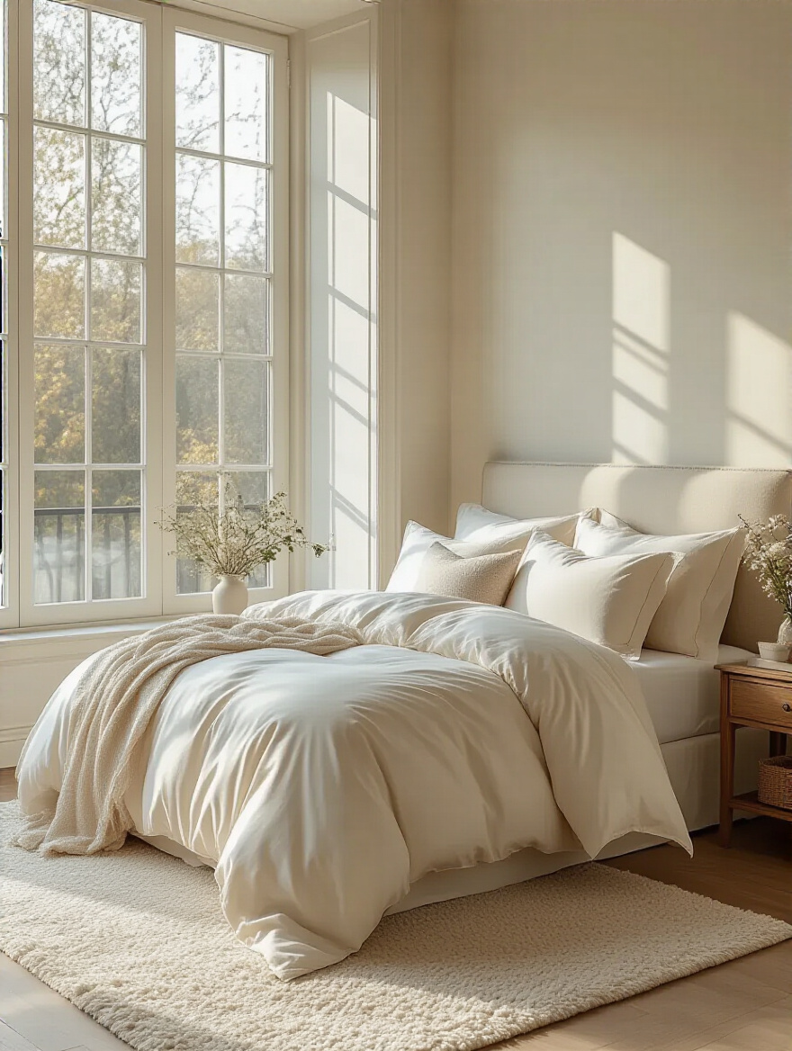 Luxurious bedroom bed with layered linens and textured textiles in natural light