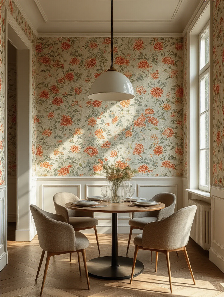 Pristine dining room wallpaper in an elegant interior, showcasing well-maintained vibrant wallpaper without damage