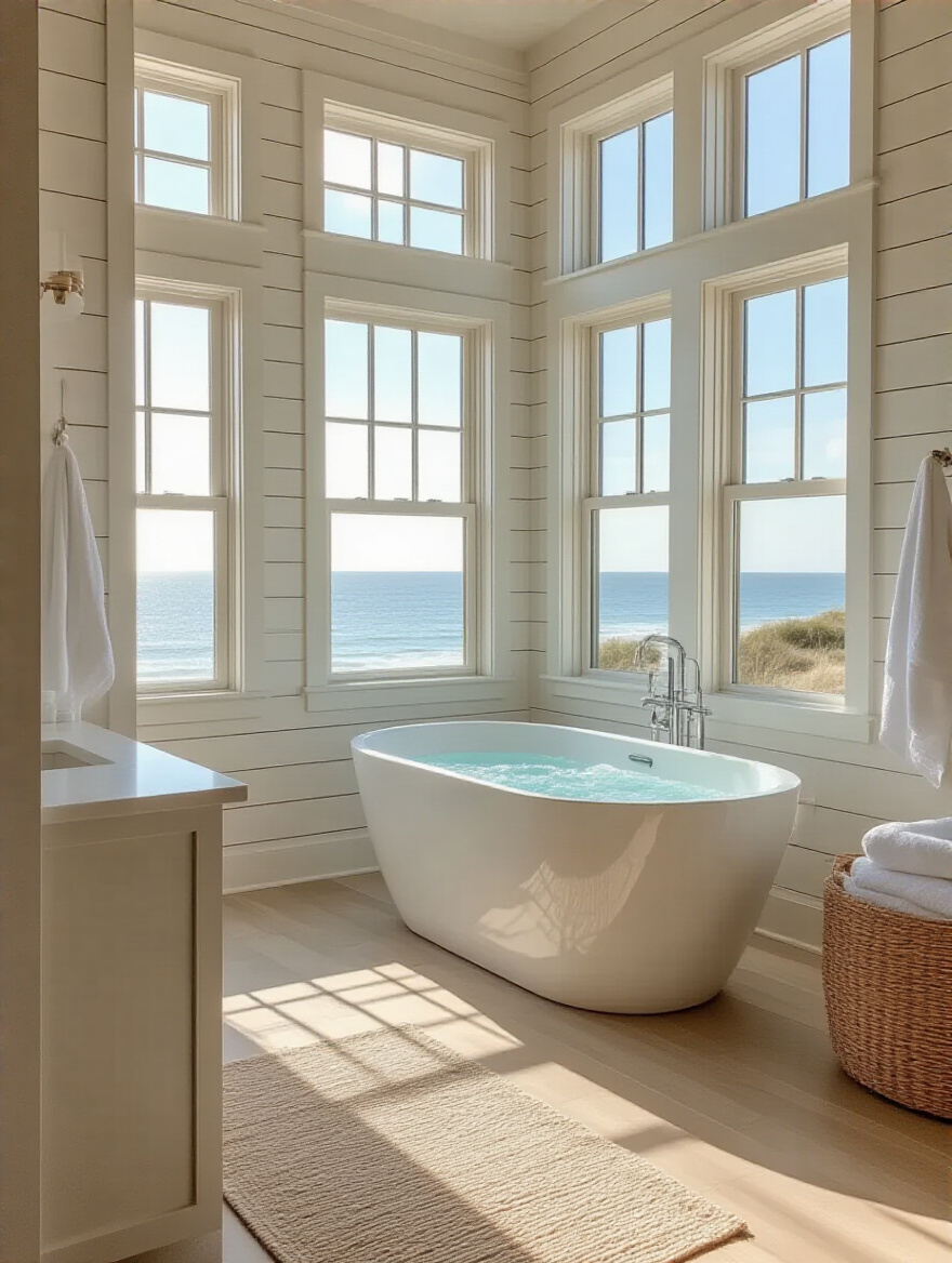 Bright and airy coastal bathroom with shiplap walls and a soaking tub
