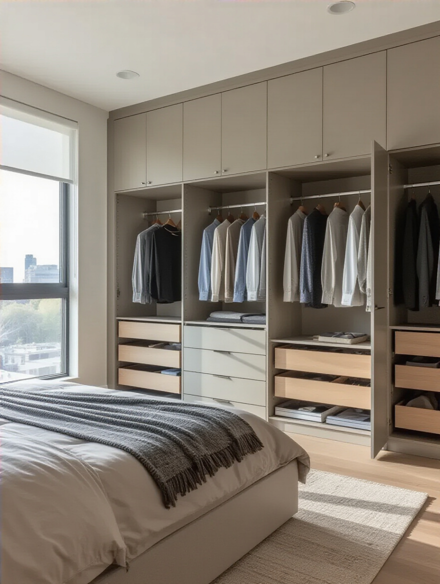 Modern master bedroom with built-in wardrobes and under-bed storage showcasing effective storage solutions to minimize clutter