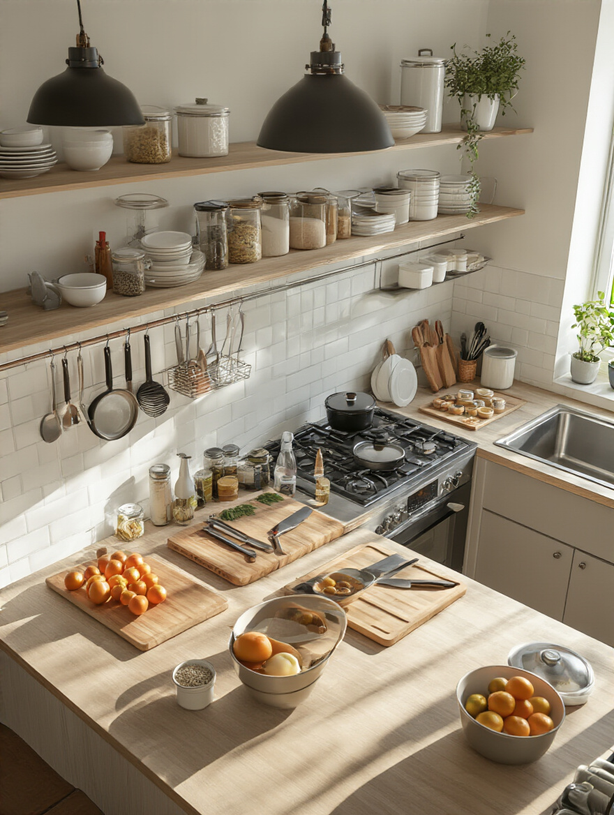 Organized kitchen with clearly defined zones including prep, cooking, cleaning, and storage areas for efficient workflow