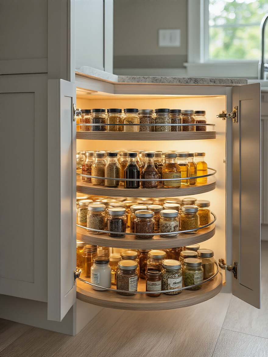 Multi-tier Lazy Susan installed inside a corner kitchen cabinet showcasing organized spices and oils with full 360-degree rotating shelves