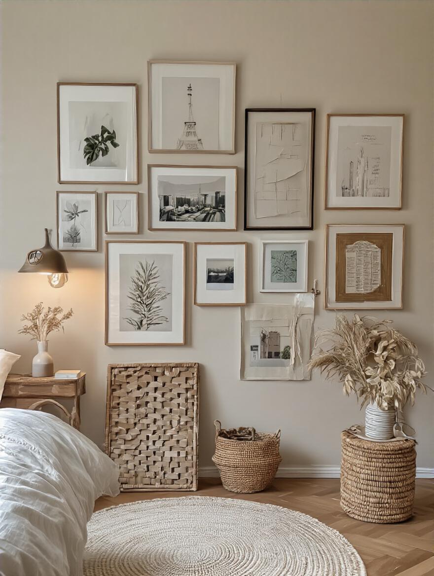 Gallery wall in a modern bedroom showcasing various framed artworks and photographs.