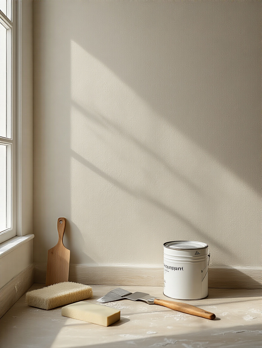 Smooth clean primed dining room wall with wallpaper preparation tools ready for wallpaper application