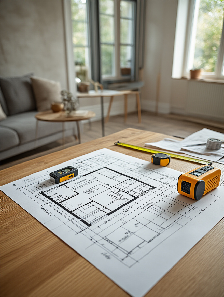 Detailed scaled floor plan with measuring tools on table showcasing room dimension mapping for living room space planning