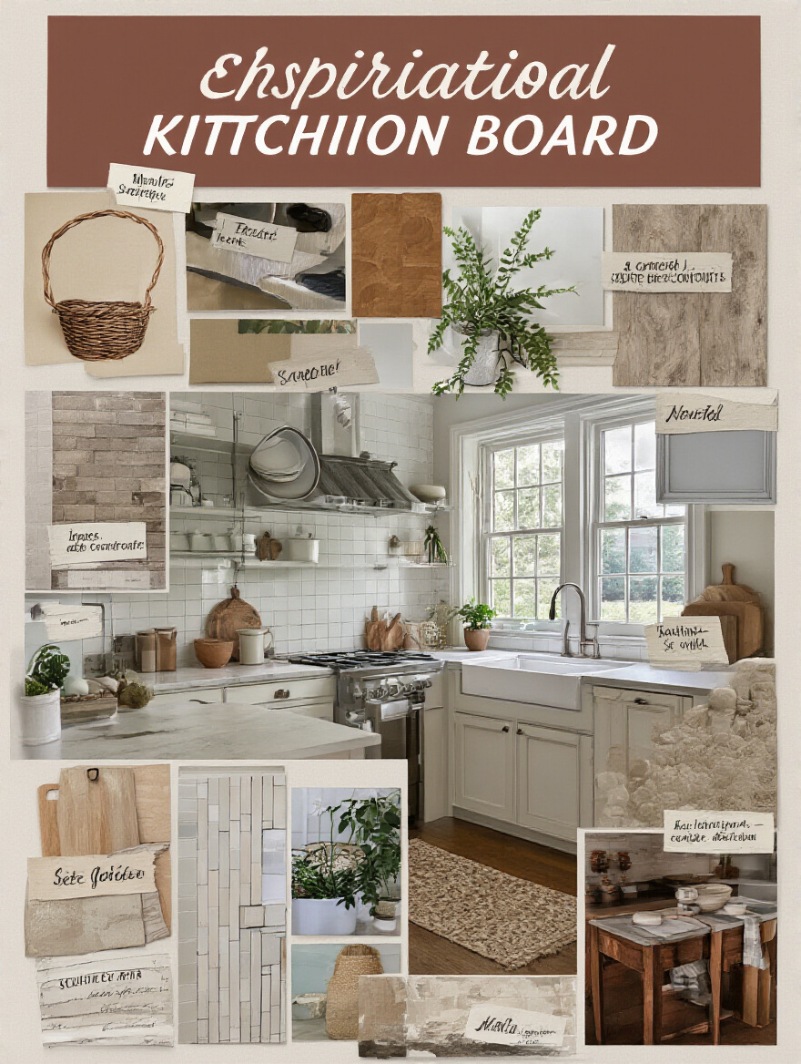 Digital inspiration board showcasing a cohesive kitchen design with various materials and decor images.