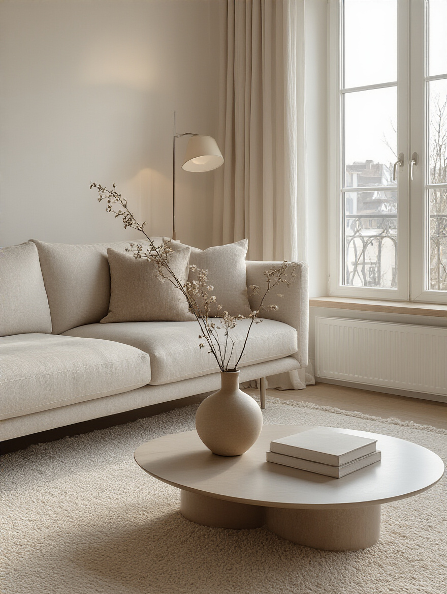 Minimalist living room with a modern coffee table and ceramic vase, showcasing the 'One-In, One-Out' rule.