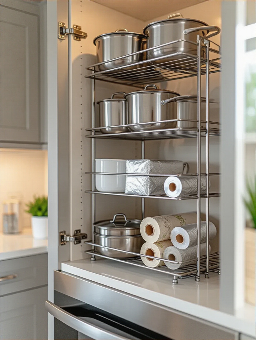 Over-the-door rack installed inside kitchen cabinet door holding pot lids and food wraps neatly organized
