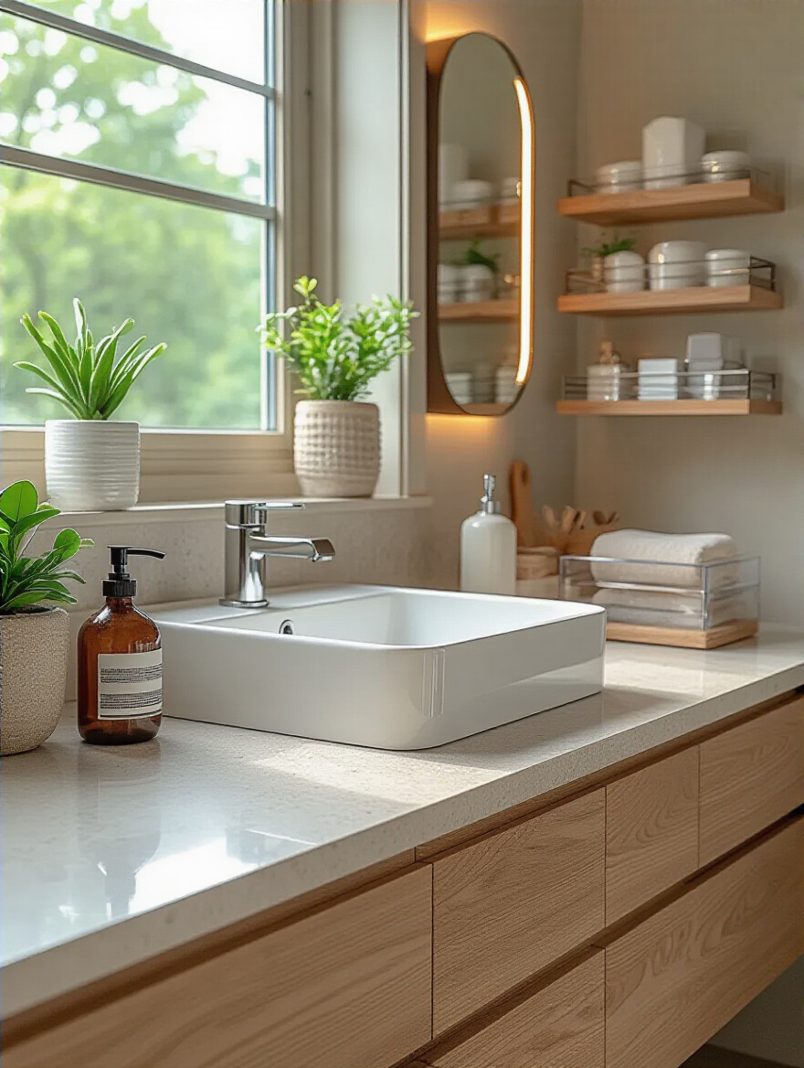 Modern bathroom vanity countertop with organized daily essentials and decorative elements maximizing space