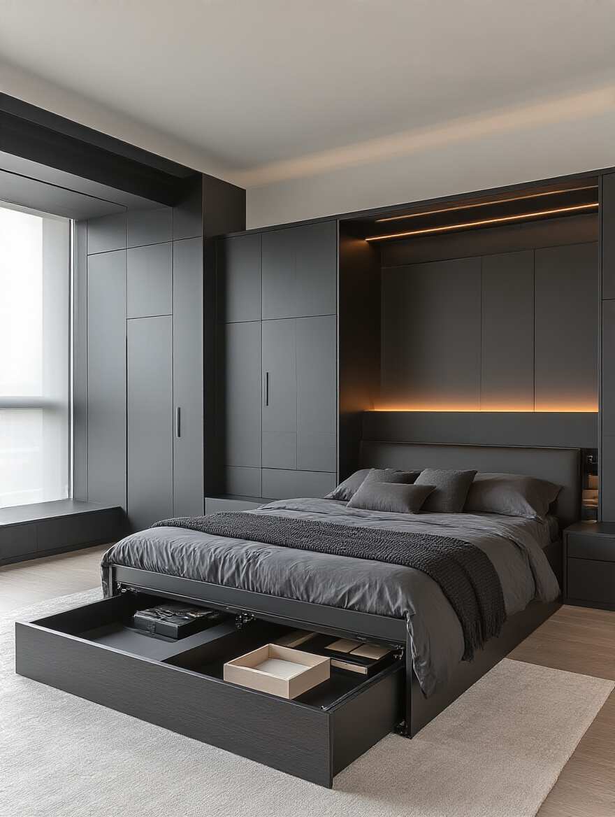 Black bedroom with platform bed featuring hydraulic lift hidden storage and sleek matte black built-in cabinetry