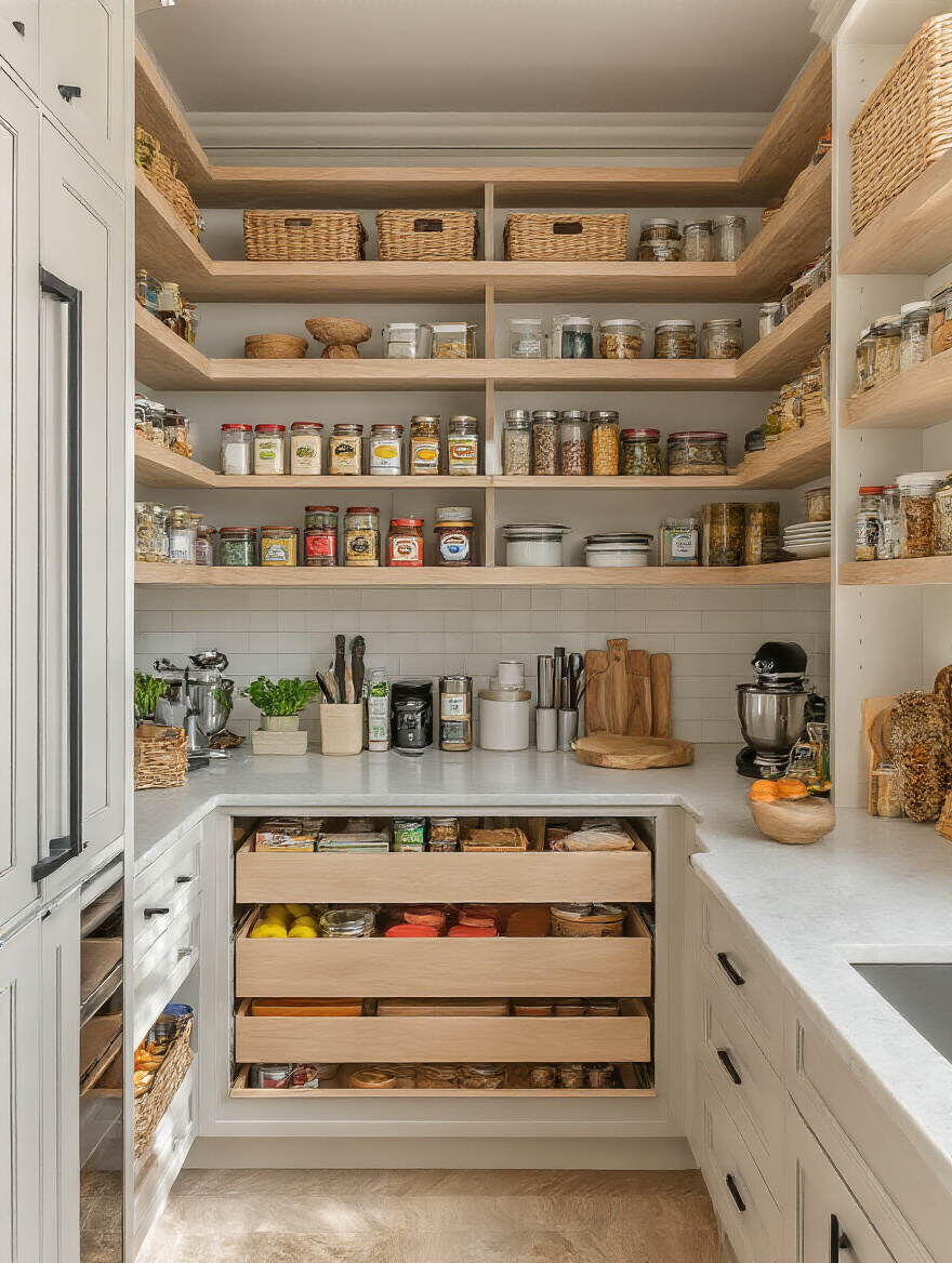 Organized pantry with custom shelving and pull-out drawers
