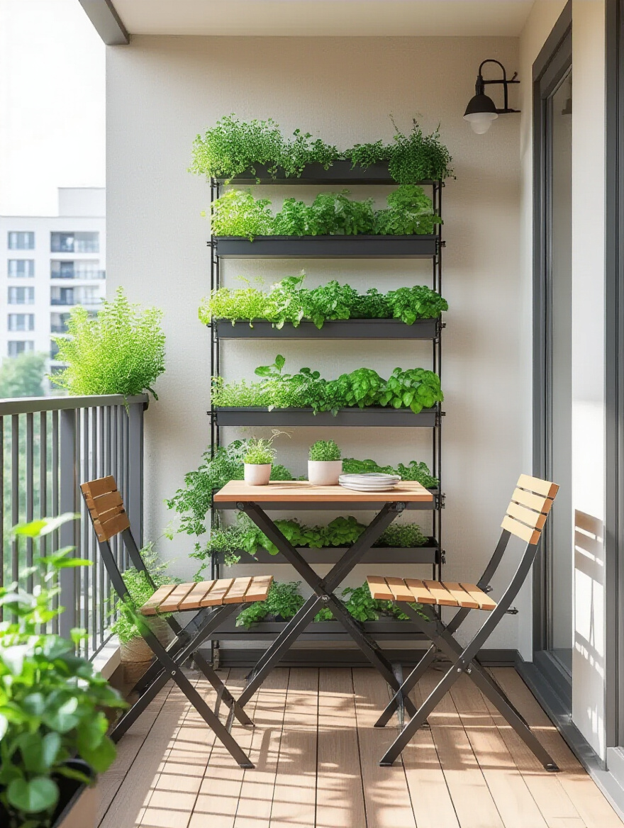 Small balcony with foldable furniture and vertical garden showcasing clever layout planning