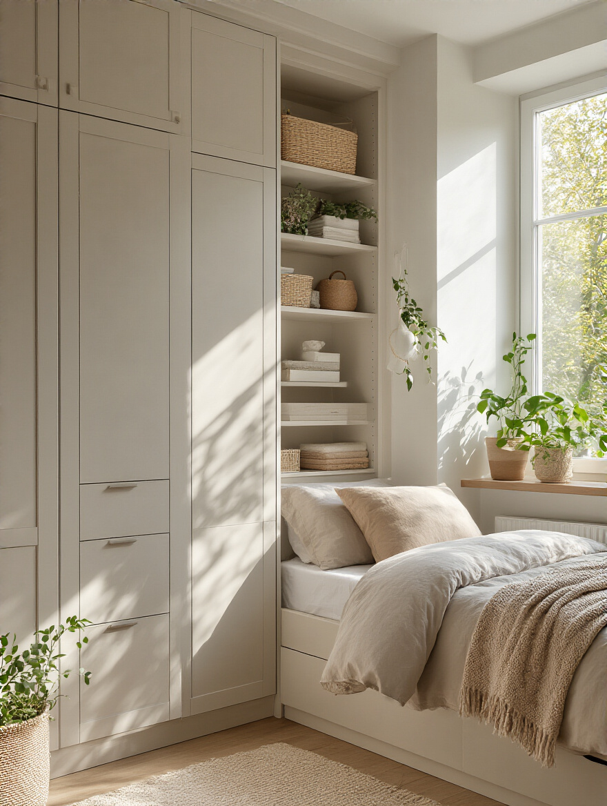 Elegant wall storage units in a compact bedroom, showcasing organization and style.
