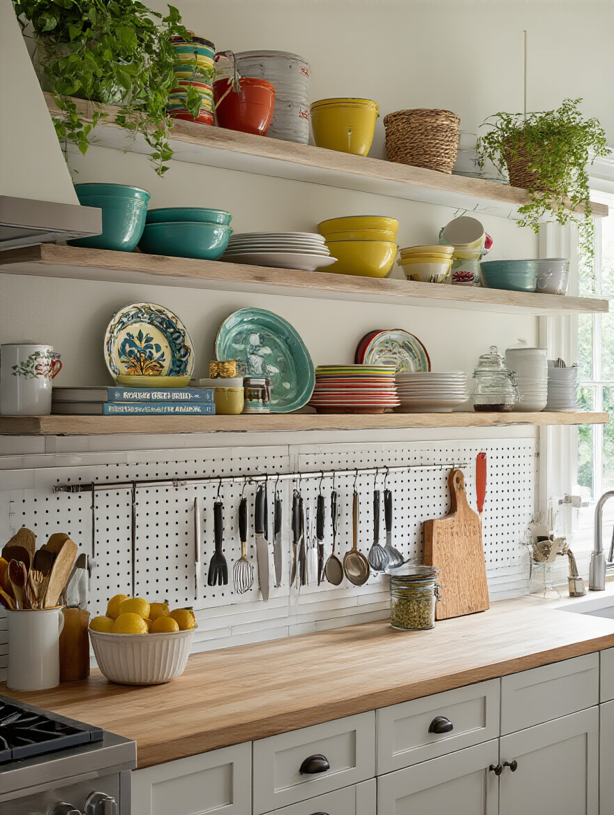 Kitchen wall with open shelving, decorative elements, and natural light.