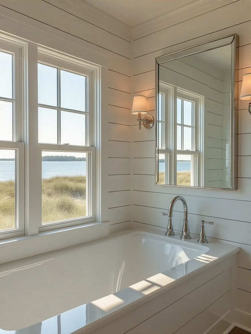 Coastal bathroom maximizing natural light with large windows and bright decor.