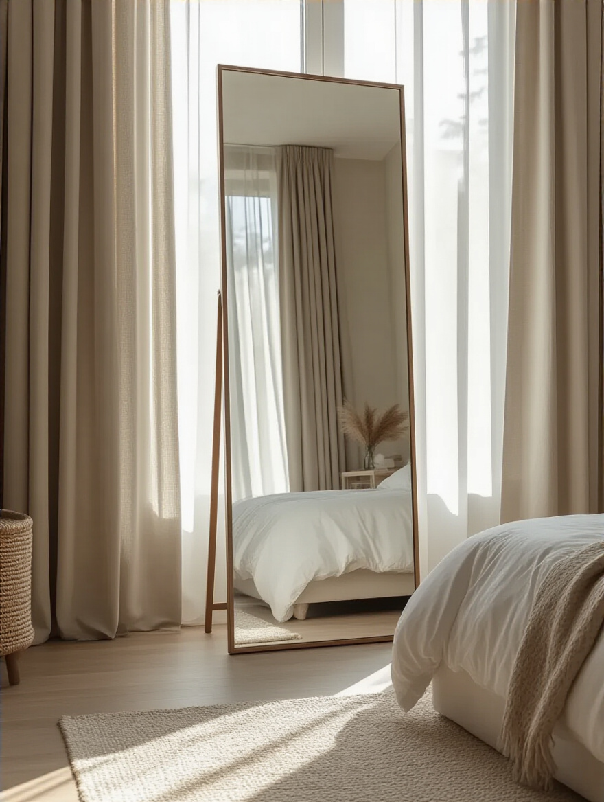 Large floor-length mirror opposite window reflecting natural light in modern bedroom