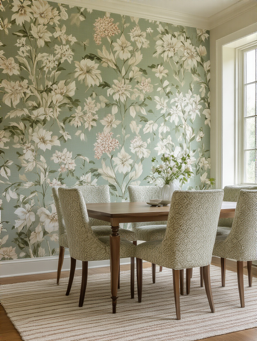 Elegant dining room with mixed complementary wallpaper patterns including botanical and geometric designs in sage green and cream tones