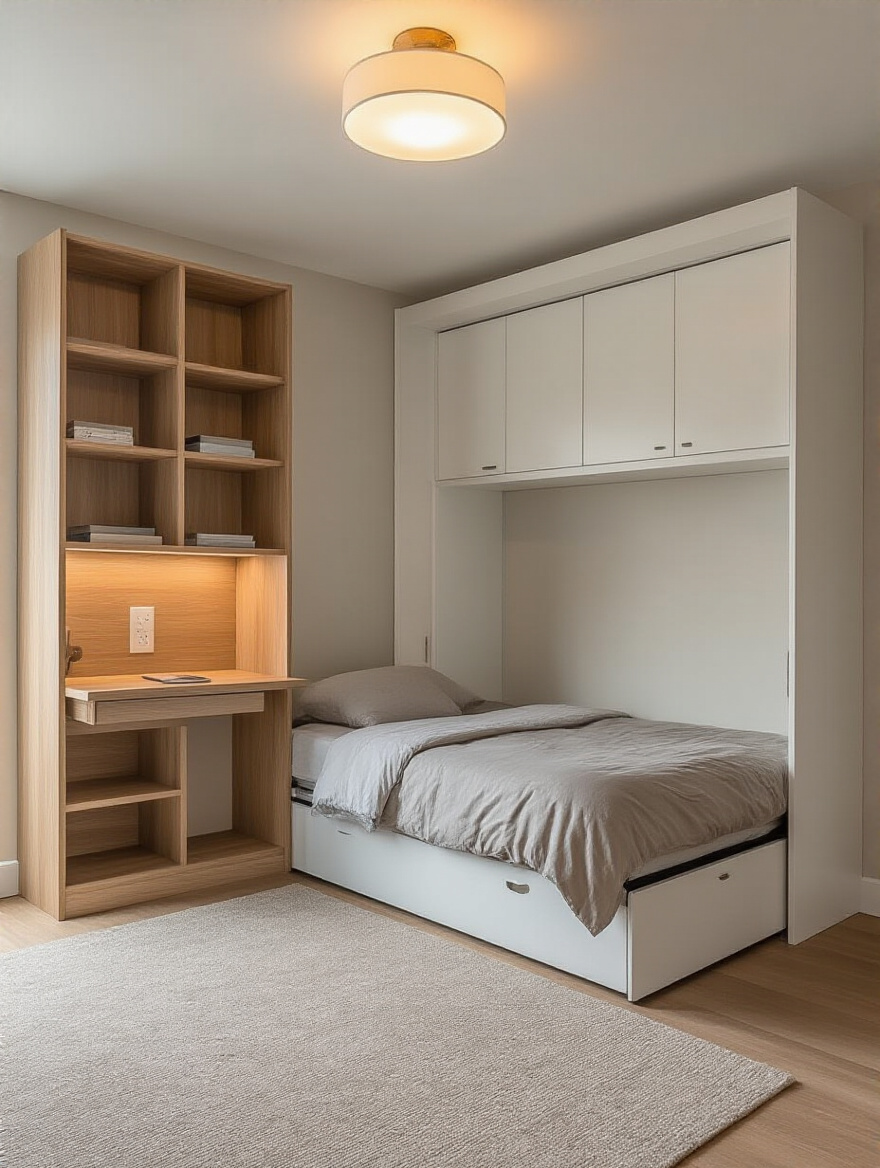 Small bedroom featuring multi-functional Murphy bed with fold-down desk and storage shelves, optimized for space efficiency