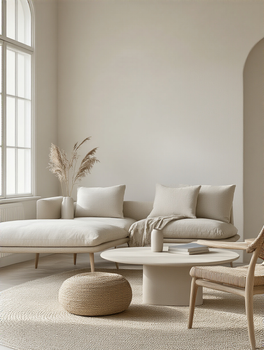 Minimalist living room with furniture featuring clean lines and simple silhouettes.