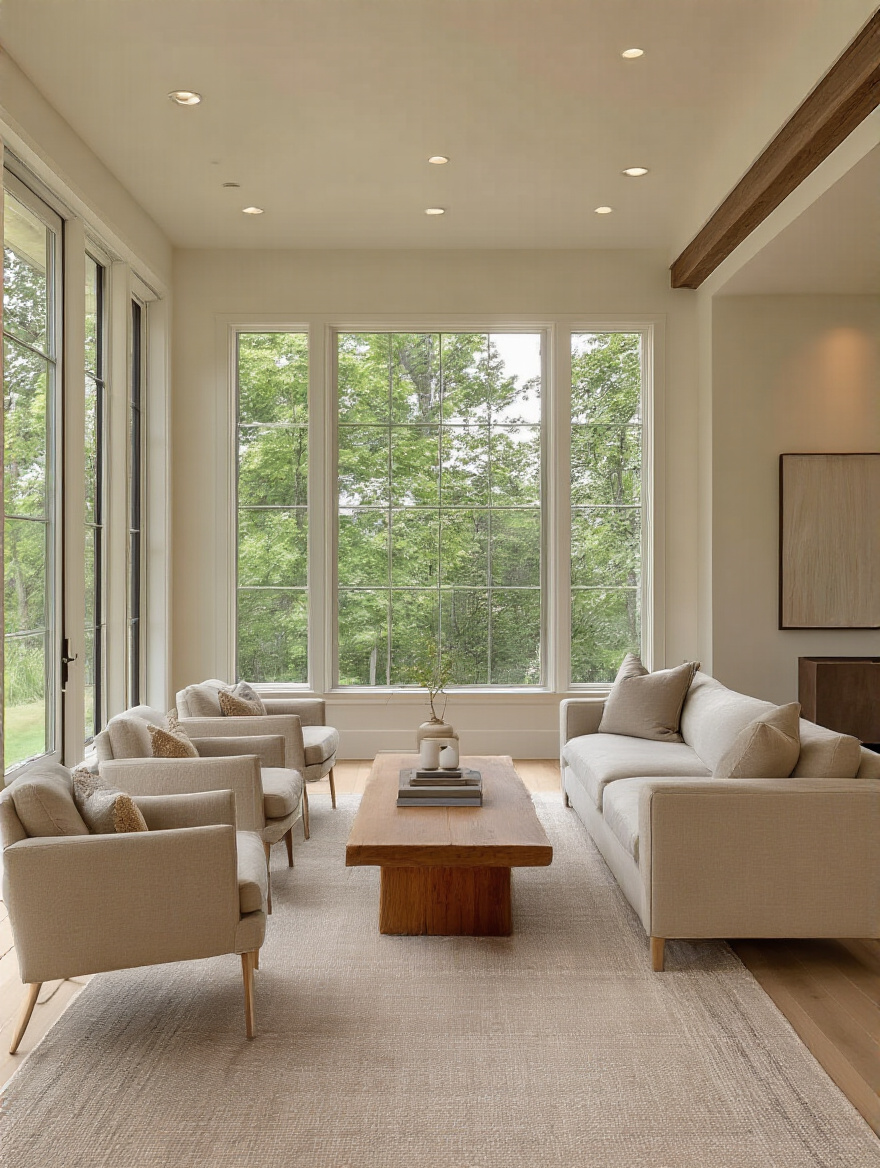 Modern living room with strategically placed furniture allowing clear traffic flow and comfortable seating for conversation, no people