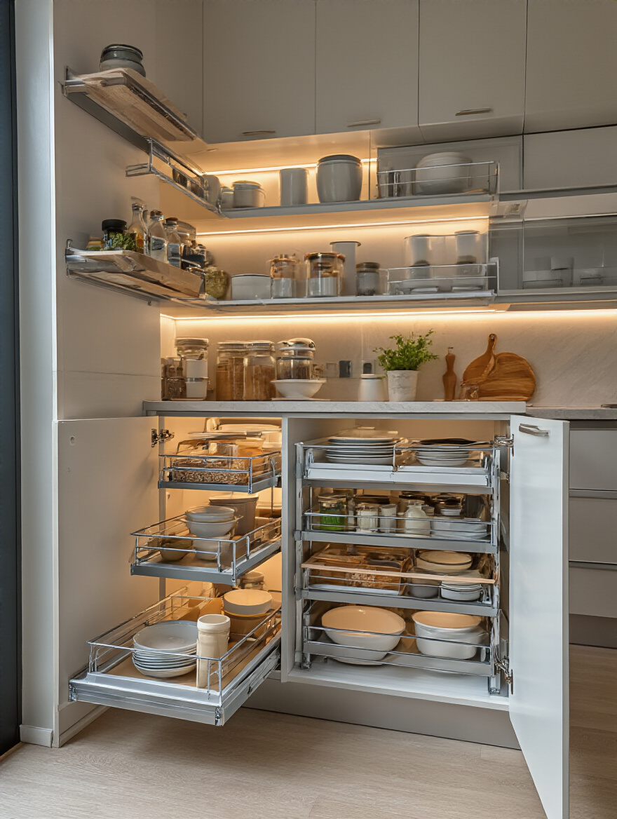 Modern kitchen interior with smart internal organizers and pull-out shelves.