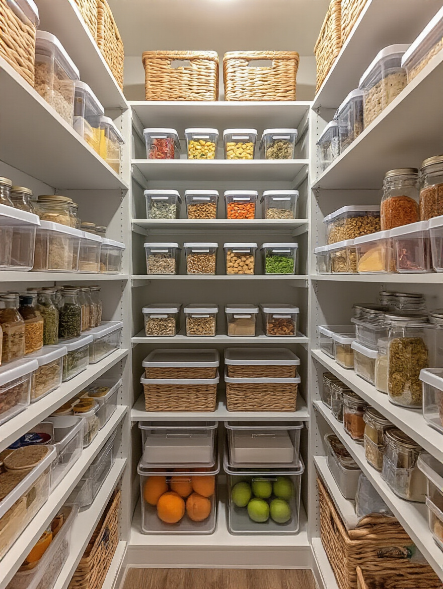 Well-organized kitchen pantry with labeled clear containers and adjustable shelves arranged by item usage frequency