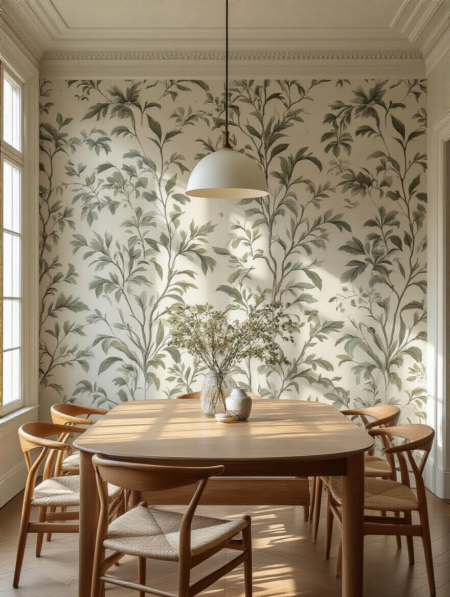 Dining room with large-scale botanical wallpaper optimized for room size, modern wooden table, natural lighting