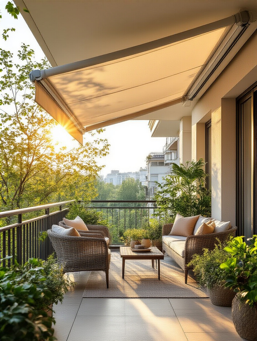 Balcony with retractable awning providing optimized shade for all-day comfort over outdoor seating area