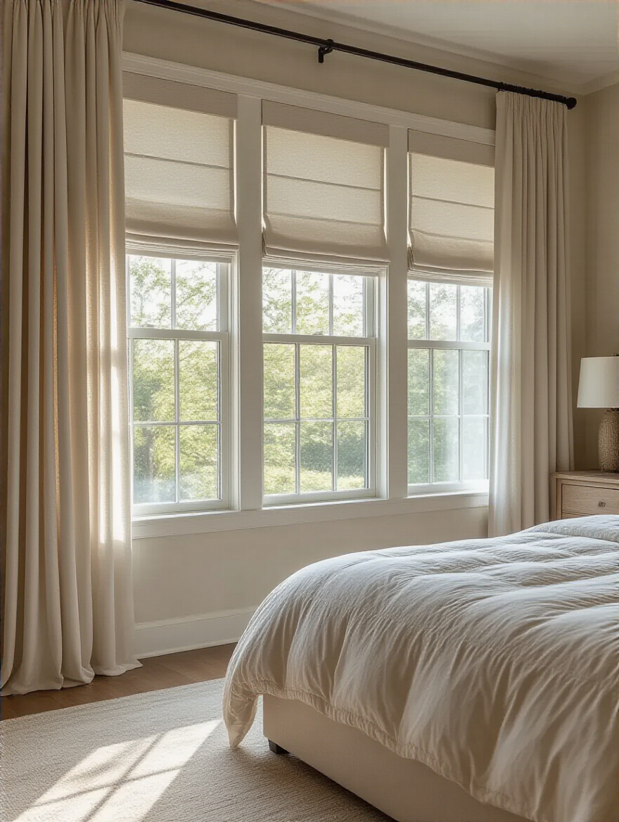 Master bedroom window with layered blackout roller shades and sheer curtains providing perfect light control and privacy