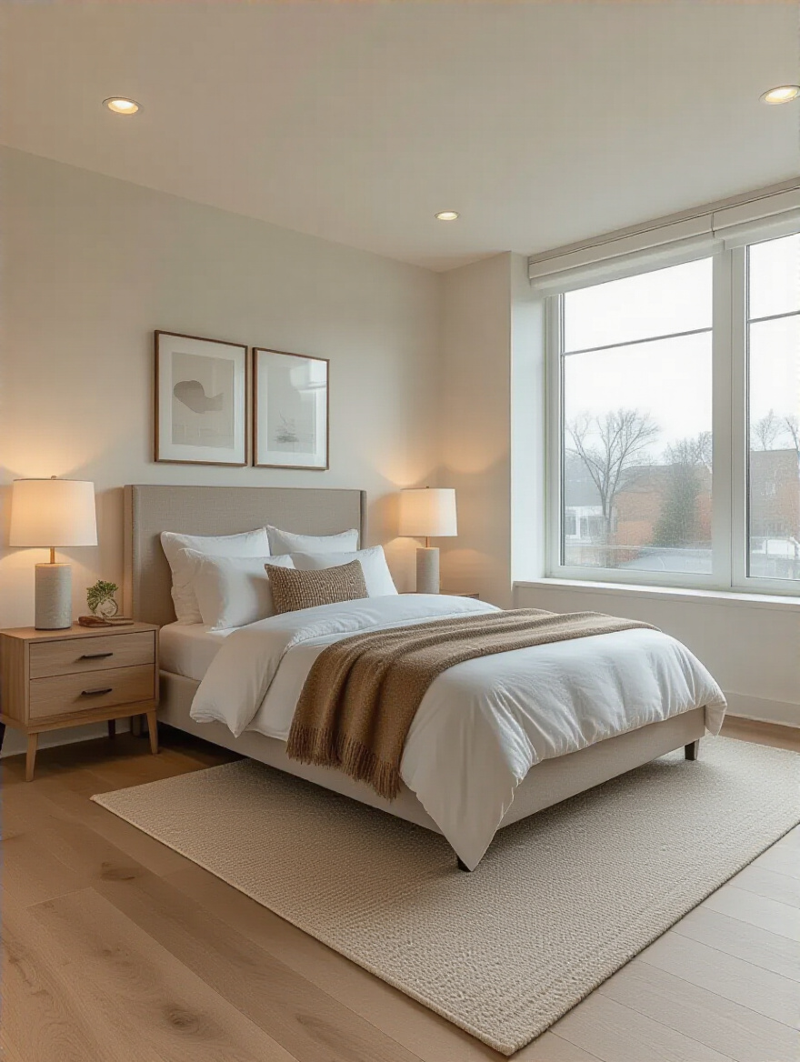 Modern bedroom with optimized furniture layout showing clear pathways and balanced arrangement for flow and function