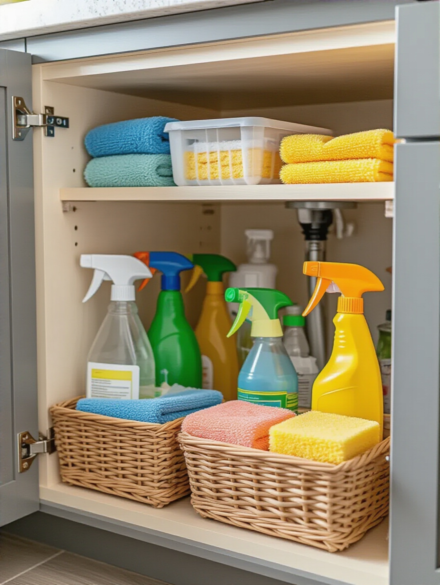 Organized under-sink cabinet with sliding baskets holding cleaning supplies for easy access