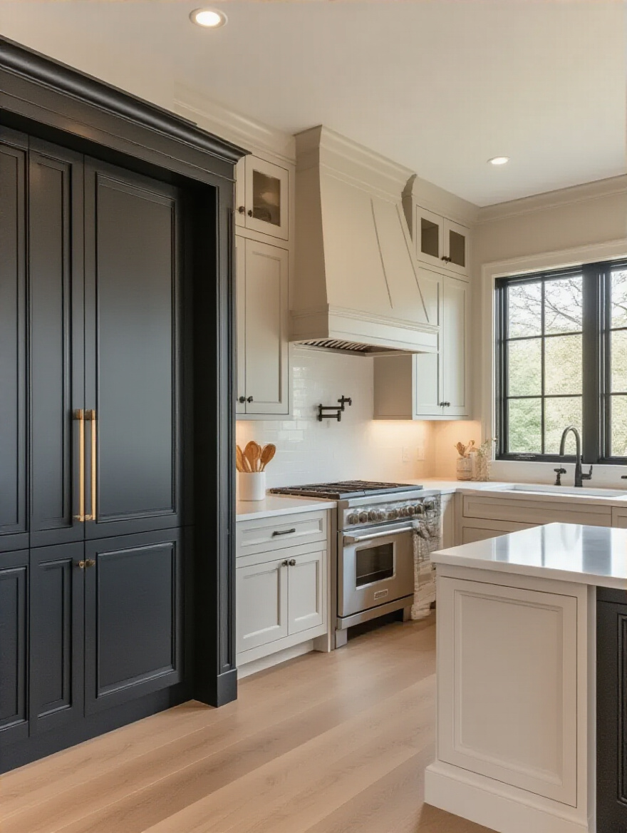 Elegant kitchen with freshly painted trim and doors, showcasing a harmonious color palette.