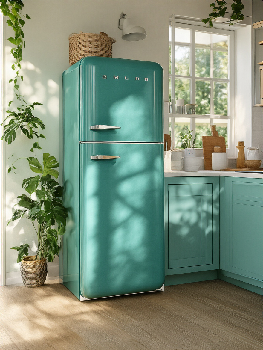 Vibrant teal painted refrigerator in a modern kitchen setting