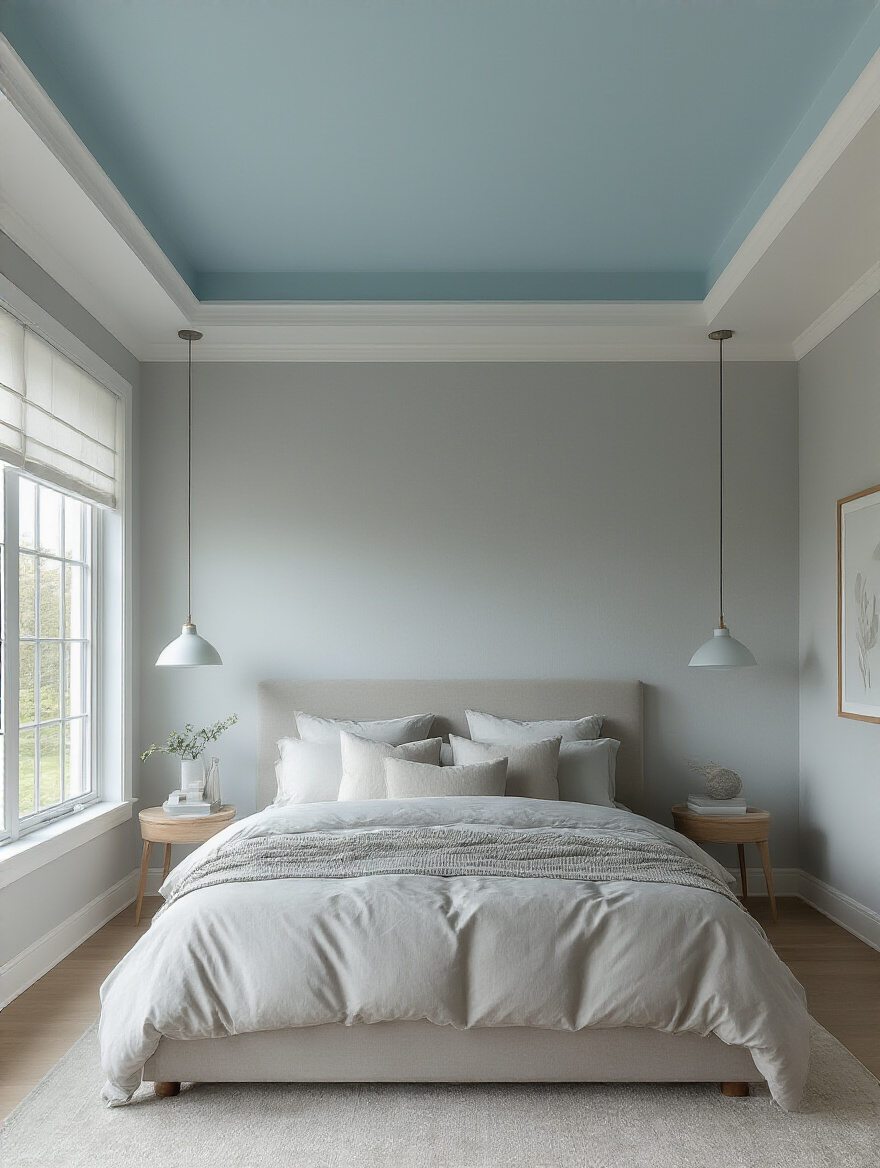Modern bedroom with a painted ceiling in soft blue raising visual perception of room height