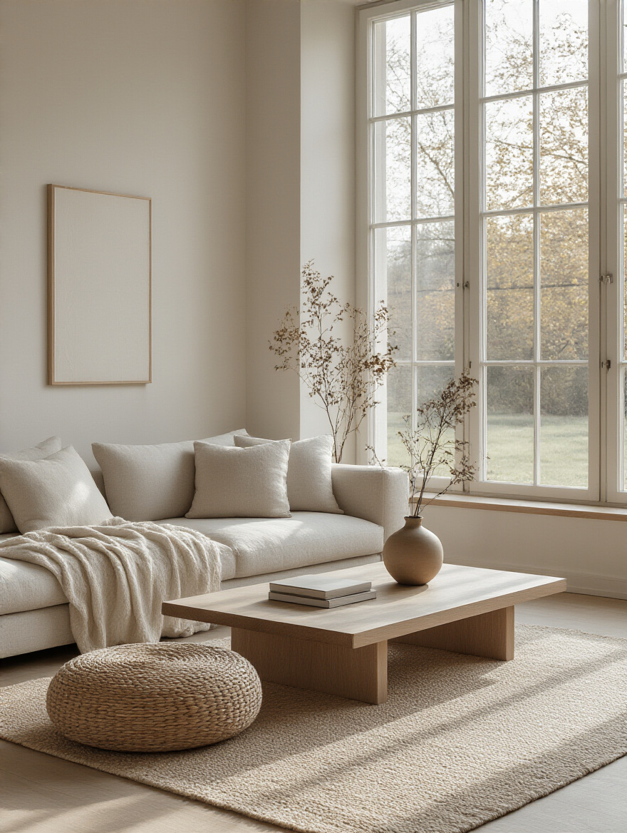 Minimalist living room with a spacious and airy feel, showcasing a decluttered space.