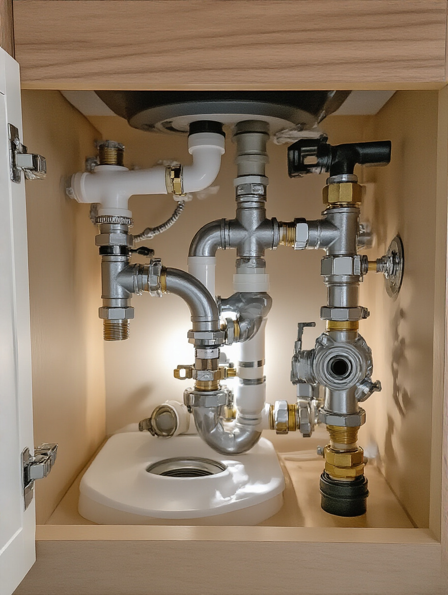 Close-up portrait photo of plumbing connections under a bathroom sink vanity with pipes and fittings visible, illuminated by soft lighting highlighting areas for inspection