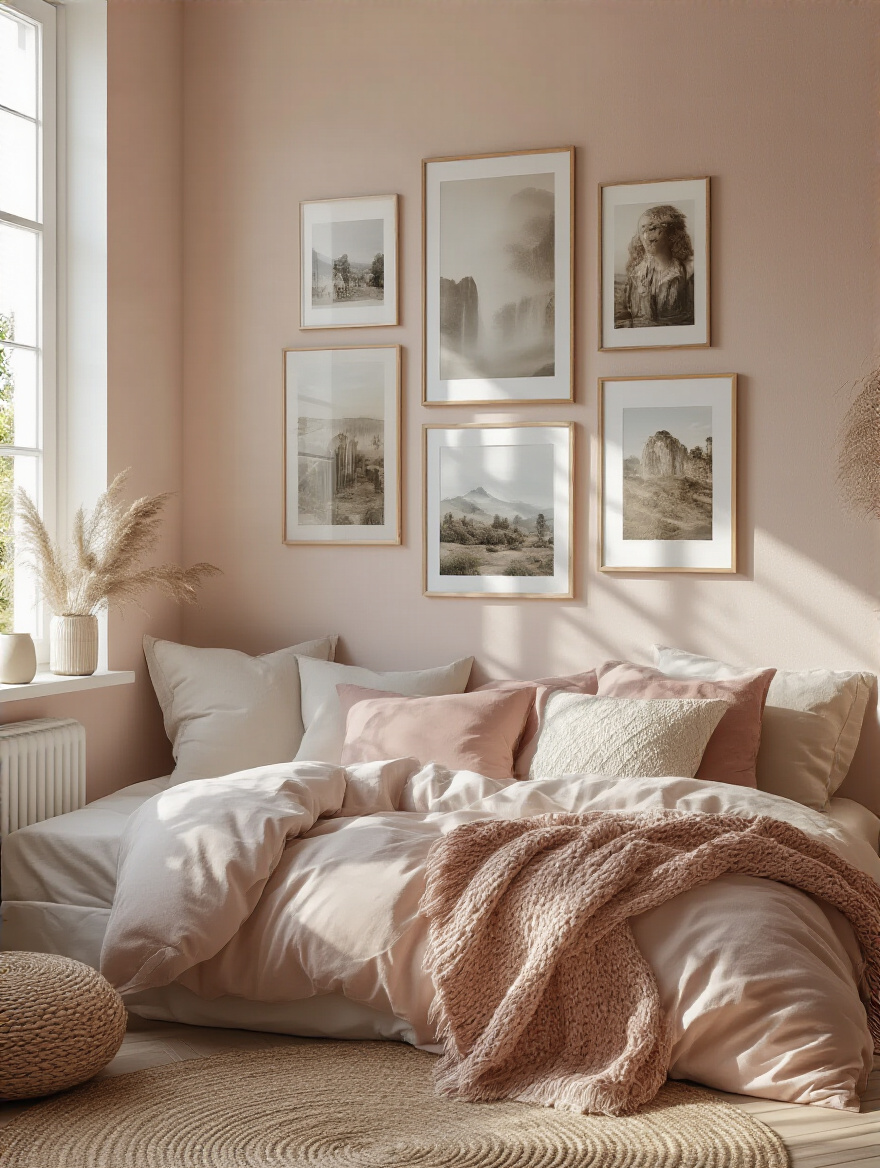 Beautifully decorated bedroom wall with a curated photo display
