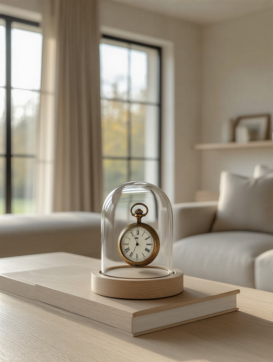 A minimalist living room with a vintage pocket watch under a glass cloche on a bookshelf, showcasing personalization.