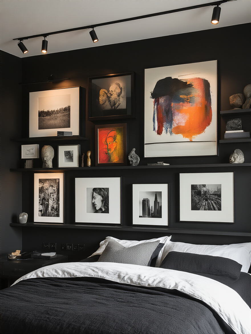 Sophisticated black bedroom with curated artistic gallery wall and accent lighting highlighting art collections