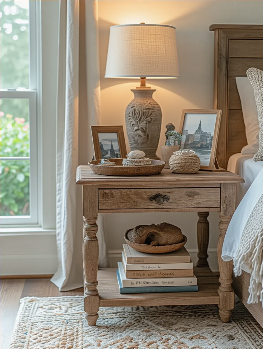 Cozy bedroom bedside table with thoughtfully arranged cherished items displayed on decorative trays and books, warm natural lighting
